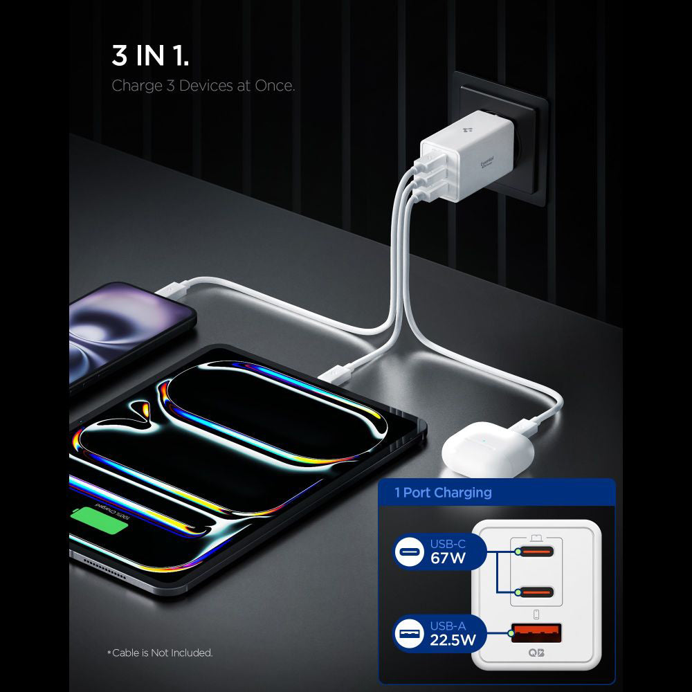 Φορτιστής Δικτύου Spigen Essential, 67W, 3.25A, 1 x USB-A - 2 x USB-C, Λευκό ACH08710