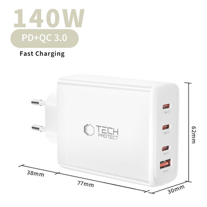 Tech-Protect NC140W-GAN Network Charger, 140W, 5A, 1 x USB-A - 3 x USB-C, White