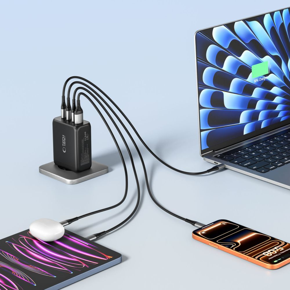 Tech-Protect NC200W-GAN Network Charger, 200W, 5A, 1 x USB-A - 3 x USB-C, Black