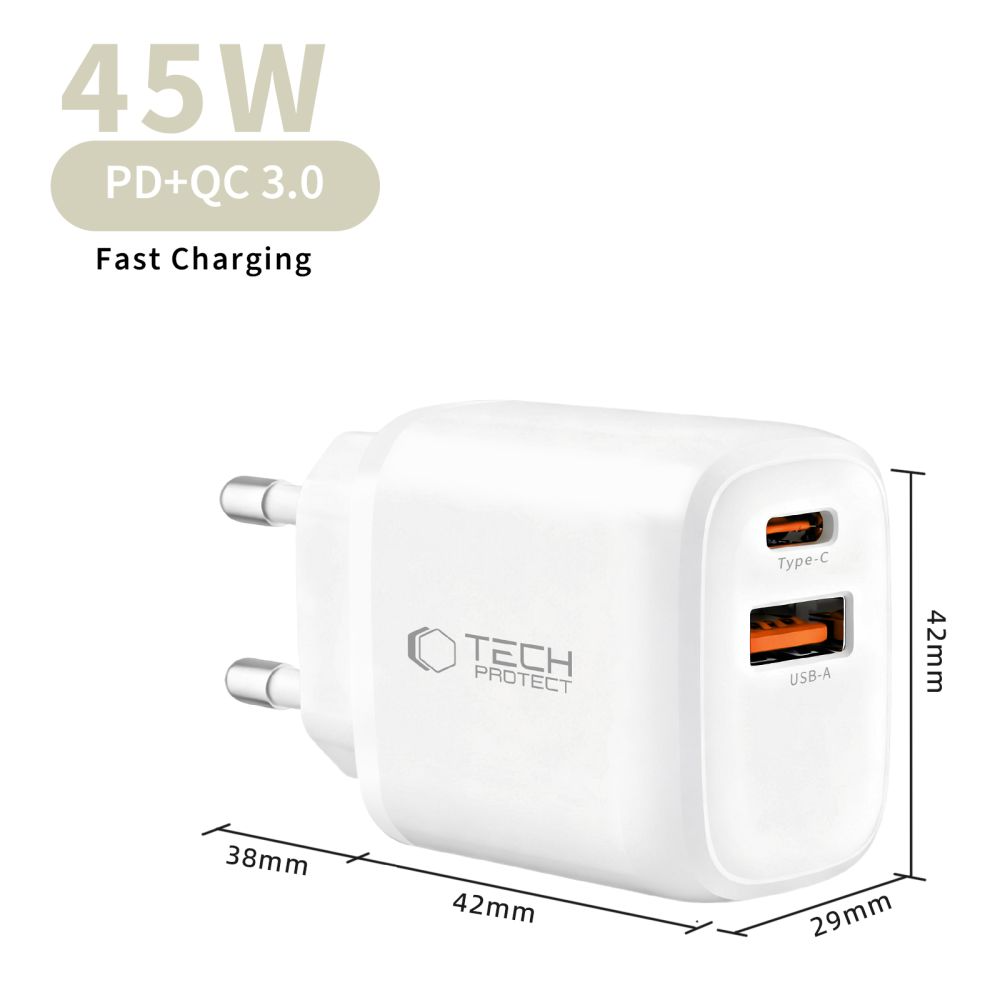 Tech-Protect NCA45W Network Charger, 45W, 3A, 1 x USB-A - 1 x USB-C, White