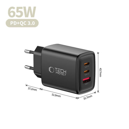 Tech-Protect NCA65W Network Charger, 65W, 3A, 1 x USB-A - 2 x USB-C, Black