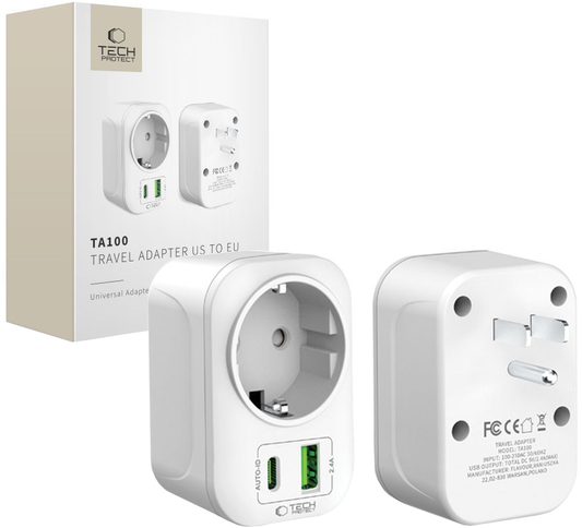 Φορτιστής Δικτύου Tech-Protect TA100 Travel US, 20W, 3A, 1 x Schuko - 1 x USB-A - 1 x USB-C, Λευκό