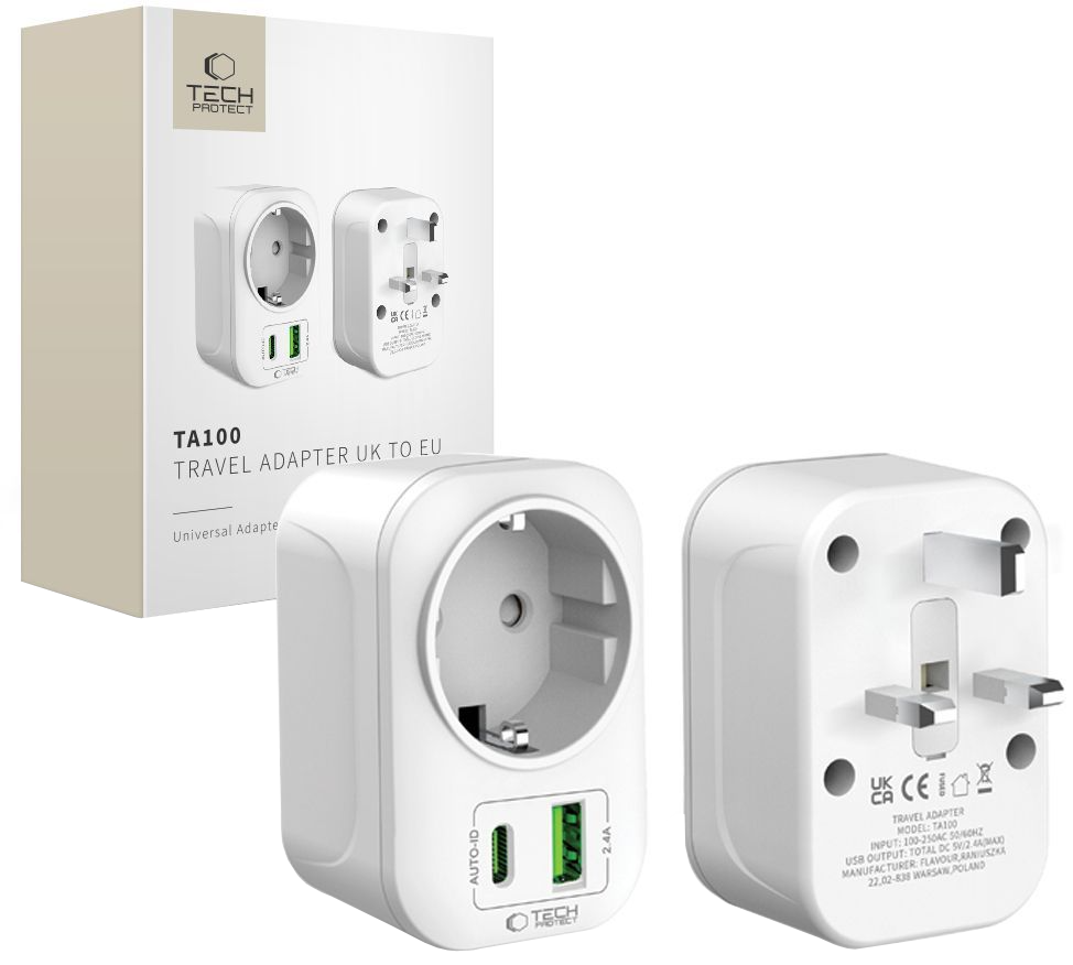 Φορτιστής Δικτύου Tech-Protect TA100 Travel UK, 20W, 3A, 1 x Schuko - 1 x USB-A - 1 x USB-C, Λευκό