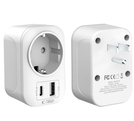 Φορτιστής Δικτύου Tech-Protect TA100 Travel US, 20W, 3A, 1 x Schuko - 1 x USB-A - 1 x USB-C, Λευκό