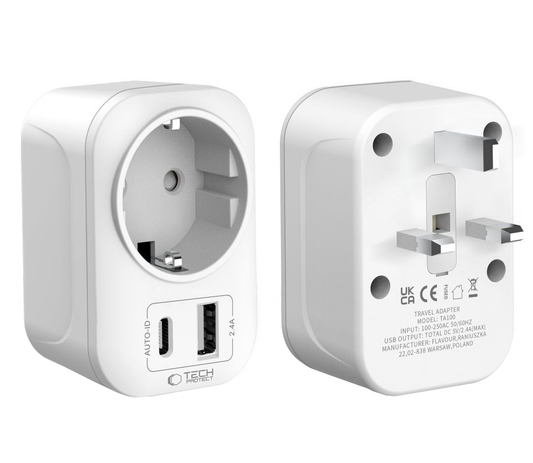 Φορτιστής Δικτύου Tech-Protect TA100 Travel UK, 20W, 3A, 1 x Schuko - 1 x USB-A - 1 x USB-C, Λευκό