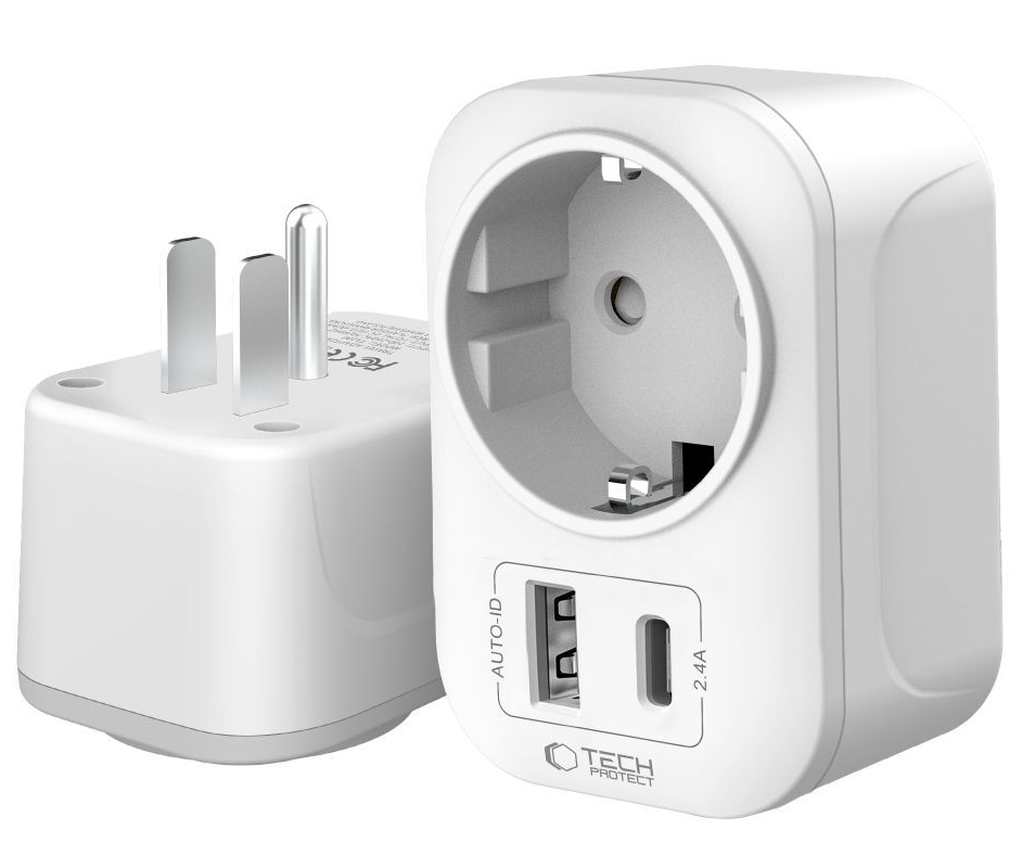 Tech-Protect TA100 Travel US Network Charger, 20W, 3A, 1 x Schuko - 1 x USB-A - 1 x USB-C, White