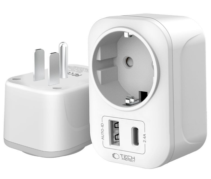 Tech-Protect TA100 Travel US Network Charger, 20W, 3A, 1 x Schuko - 1 x USB-A - 1 x USB-C, White