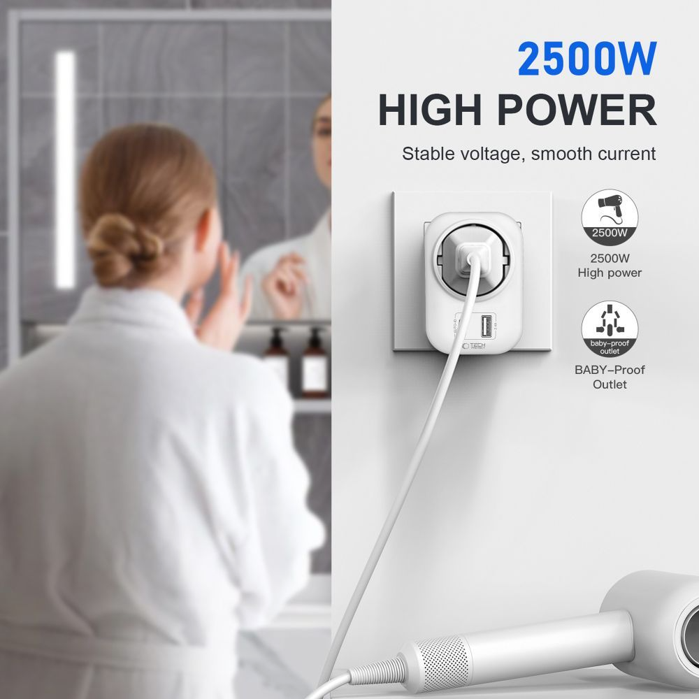 Φορτιστής Δικτύου Tech-Protect TA100 Travel UK, 20W, 3A, 1 x Schuko - 1 x USB-A - 1 x USB-C, Λευκό