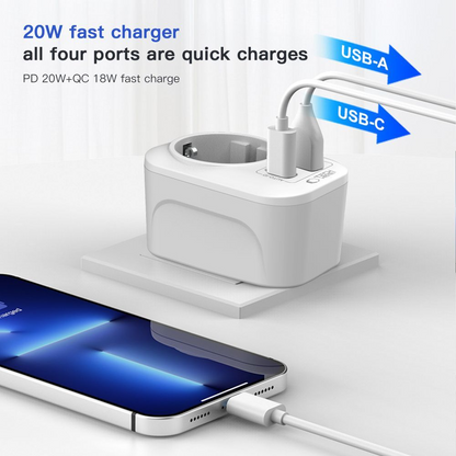 Tech-Protect TA100 Travel US Network Charger, 20W, 3A, 1 x Schuko - 1 x USB-A - 1 x USB-C, White