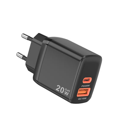 Techsuit CH2 Duonix Network Charger, 20W, 3A, 1 x USB-A - 1 x USB-C, Black