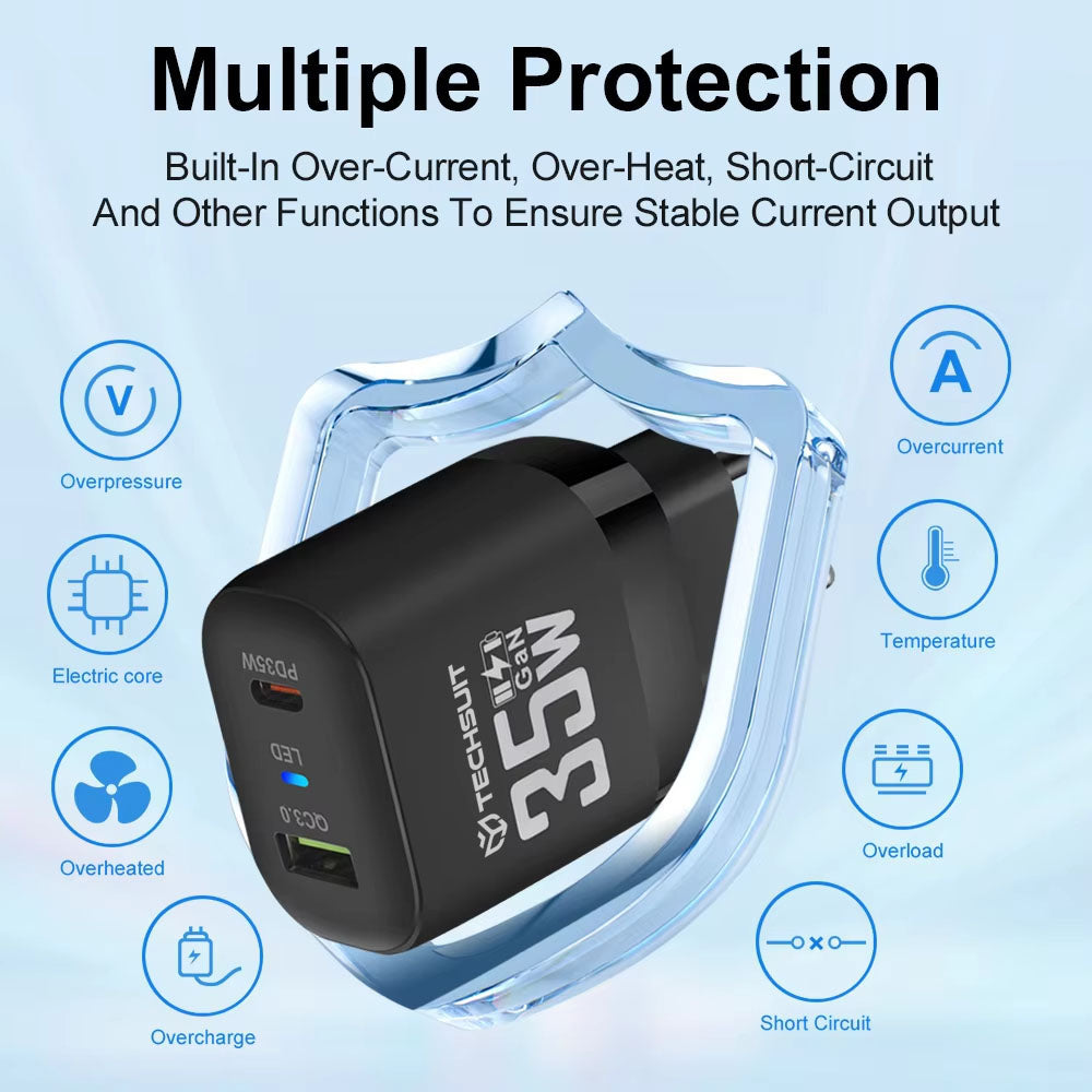 Φορτιστής Δικτύου Techsuit CHPD174, 35W, 3A, 1 x USB-A - 1 x USB-C, Μαύρο