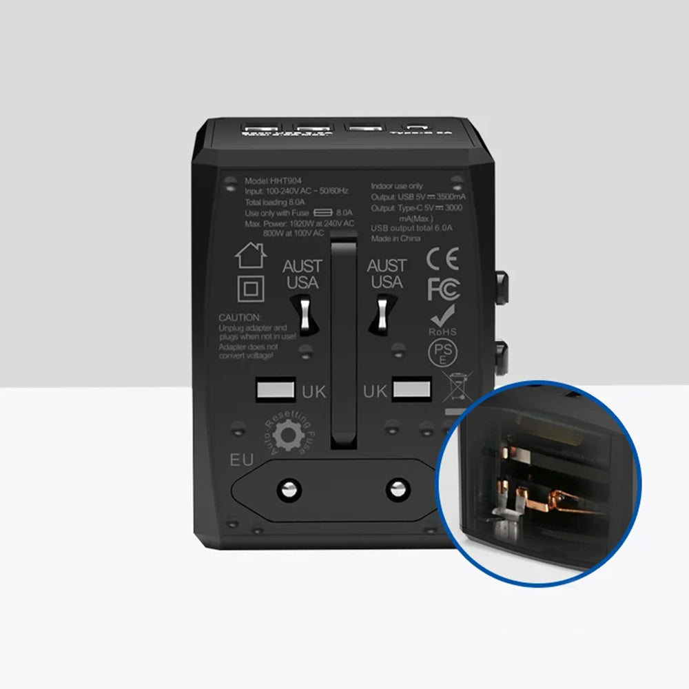 Techsuit HHT904-B3 Travel Network Charger, 30W, 3A, 3 x USB-A - 1 x USB-C, Black
