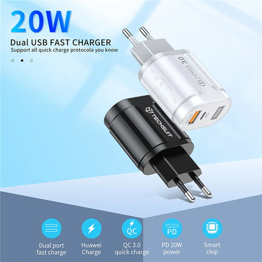 Φορτιστής Δικτύου Techsuit Premium, 20W, 3A, 1 x USB-A - 1 x USB-C, Λευκό