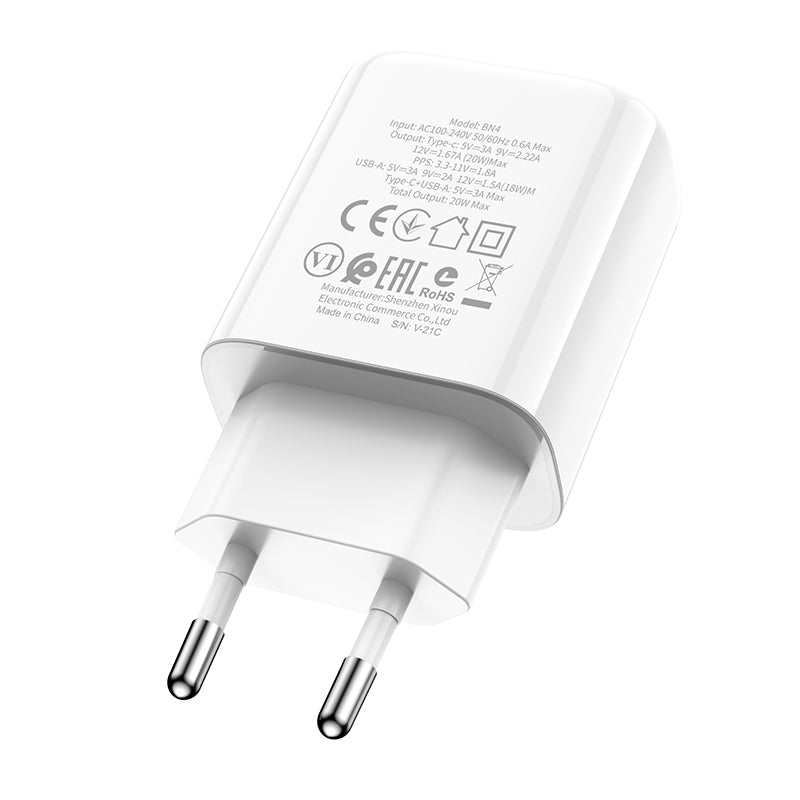 Borofone BBN4 Potential Network Charger, 20W, 3A, 1 x USB-A - 1 x USB-C, White