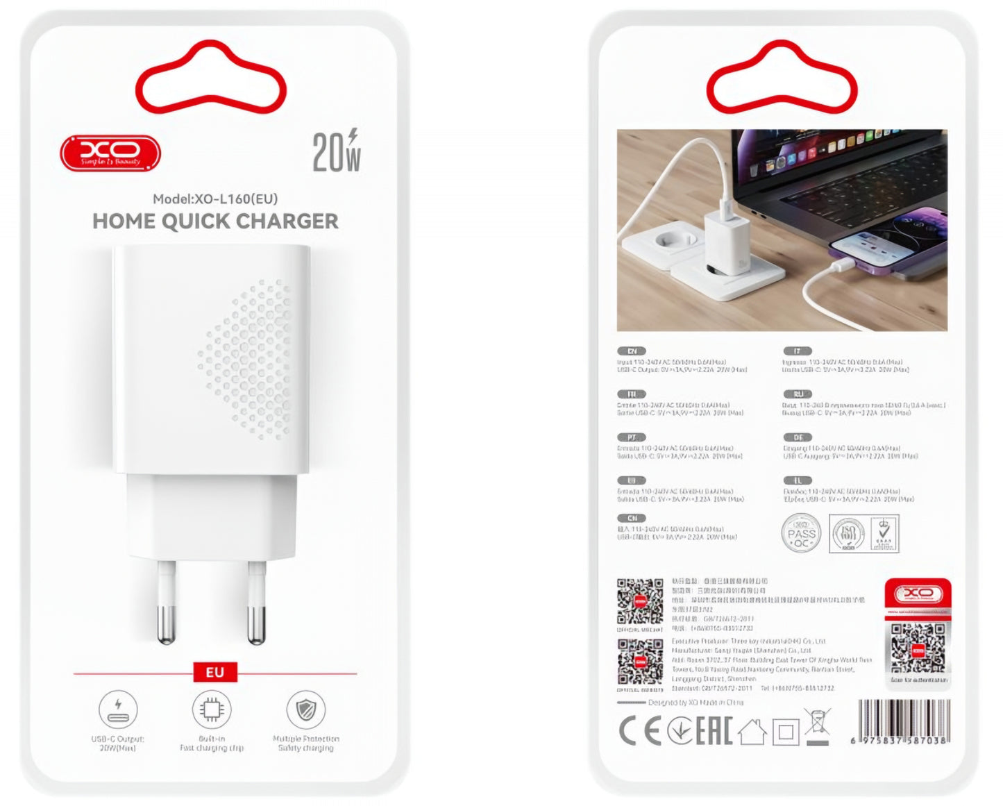 Φορτιστής Δικτύου USB-C XO Design L160, 20W, 3A, 1 x USB-C, Λευκό