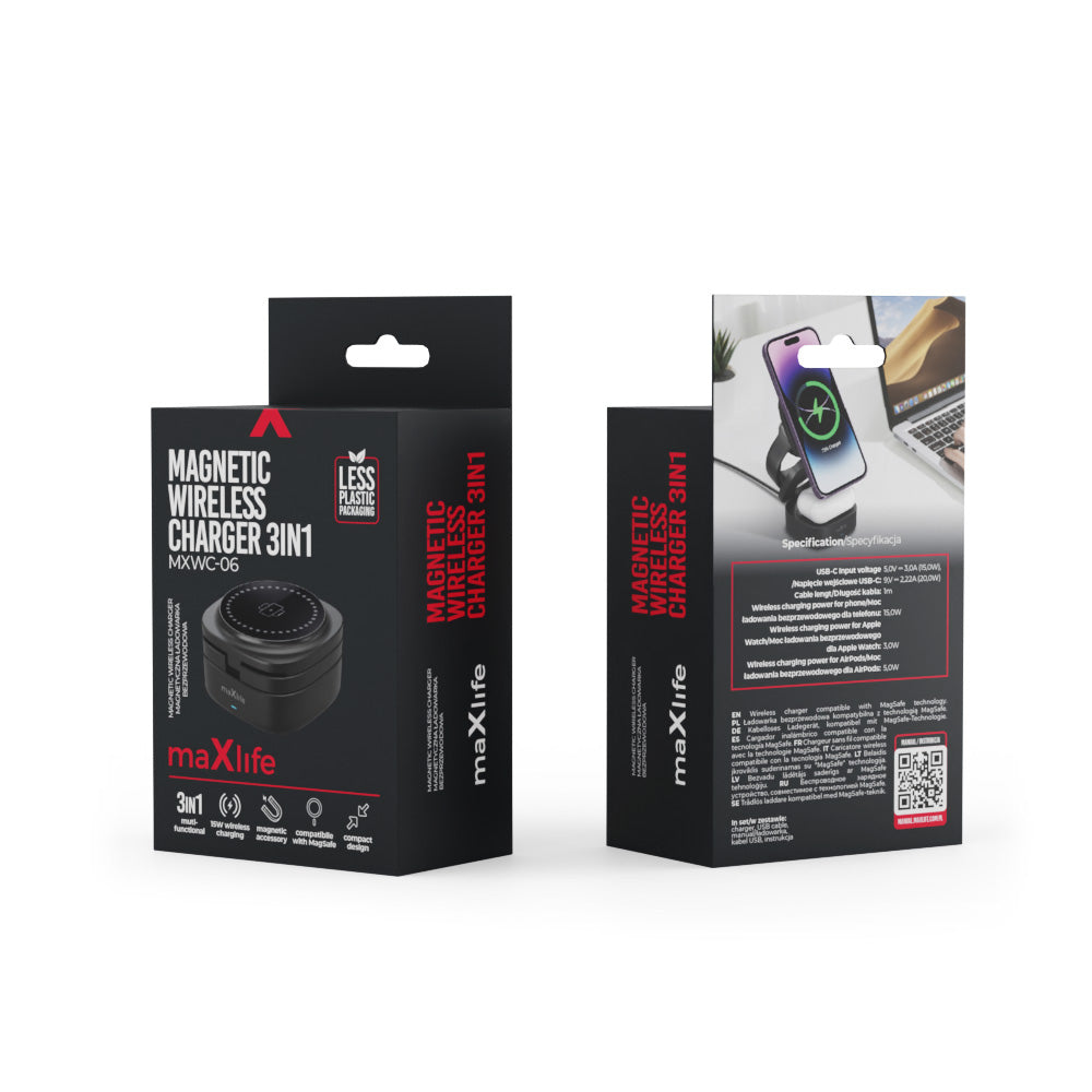 Φορτιστής Δικτύου Wireless MaXlife MXWC-06 3in1, 15W, 1.67A, Μαύρο