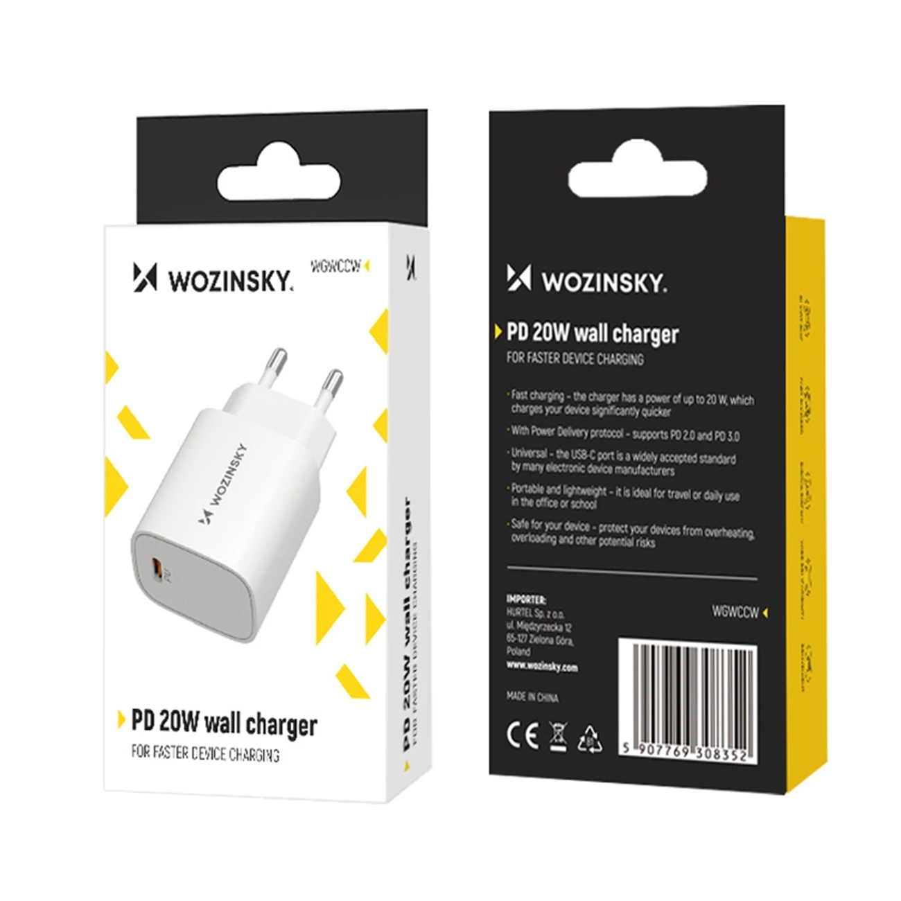 WZK WGWCCW Network Charger, 20W, 3A, 1 x USB-C, White