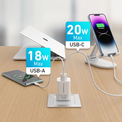 Φορτιστής Δικτύου WZK WWCEAC, 33W, 3A, 1 x USB-A - 1 x USB-C, Λευκό
