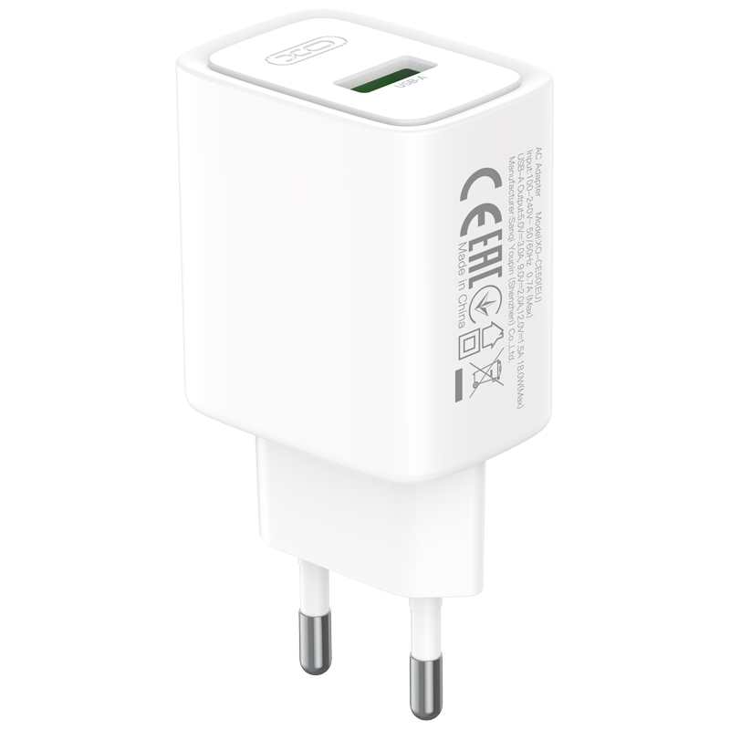 XO Design CE50 Mains Charger, 18W, 3A, 1 x USB-A, White