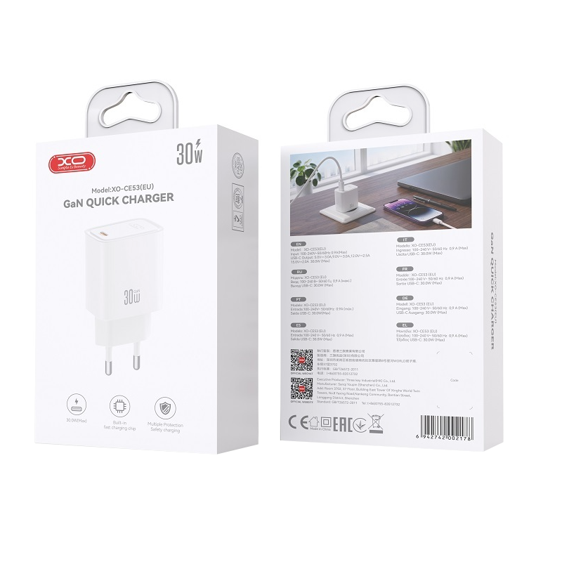 Φορτιστής δικτύου XO Design CE53, 30W, 3A, 1 x USB-C, Λευκός