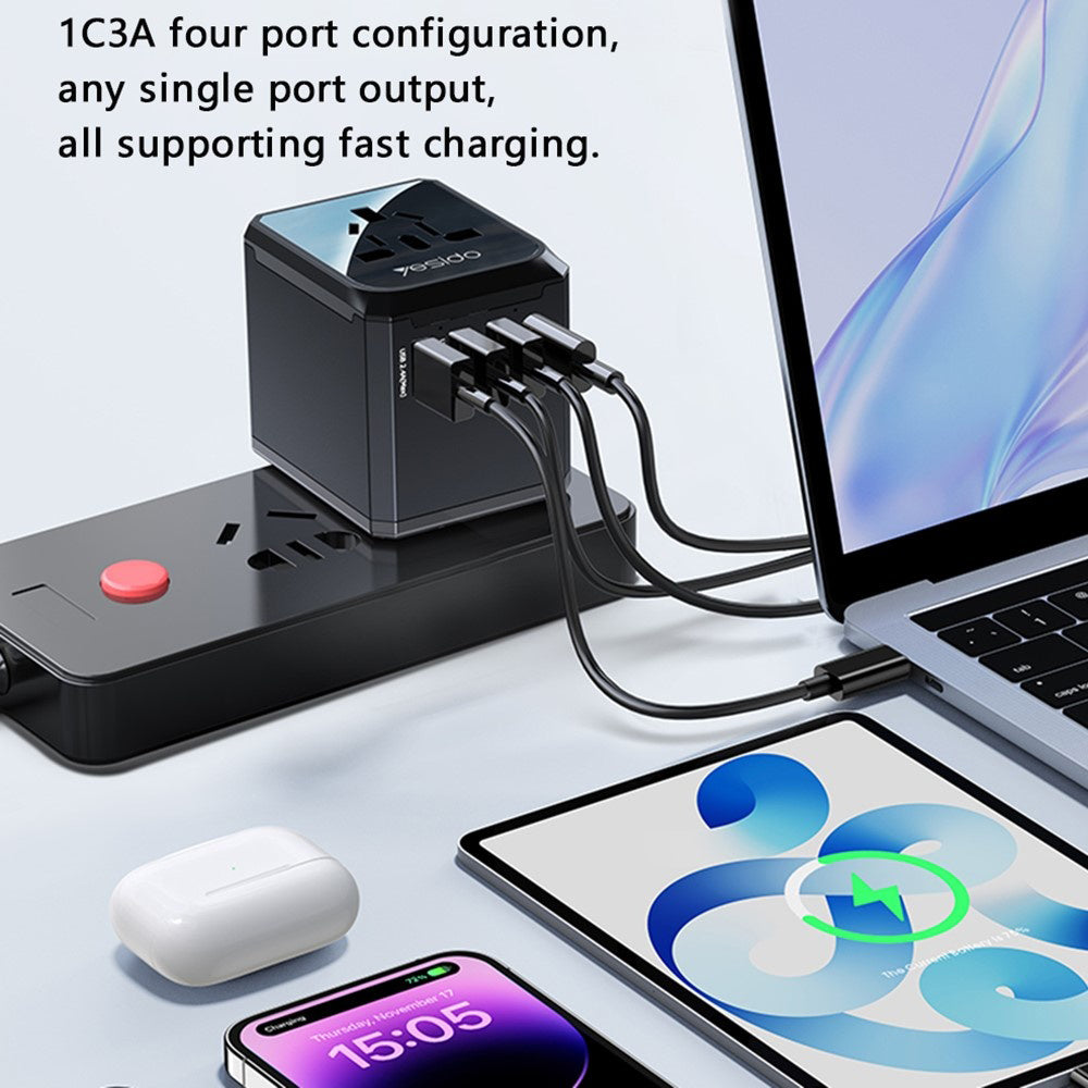 Yesido MC24 Travel Network Charger, 20W, 3A, 3 x USB-A - 1 x USB-C, Black