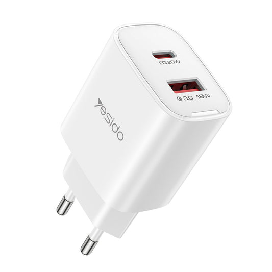 Φορτιστής Δικτύου Yesido YC02E, 20W, 3A, 1 x USB-A - 1 x USB-C, Λευκό