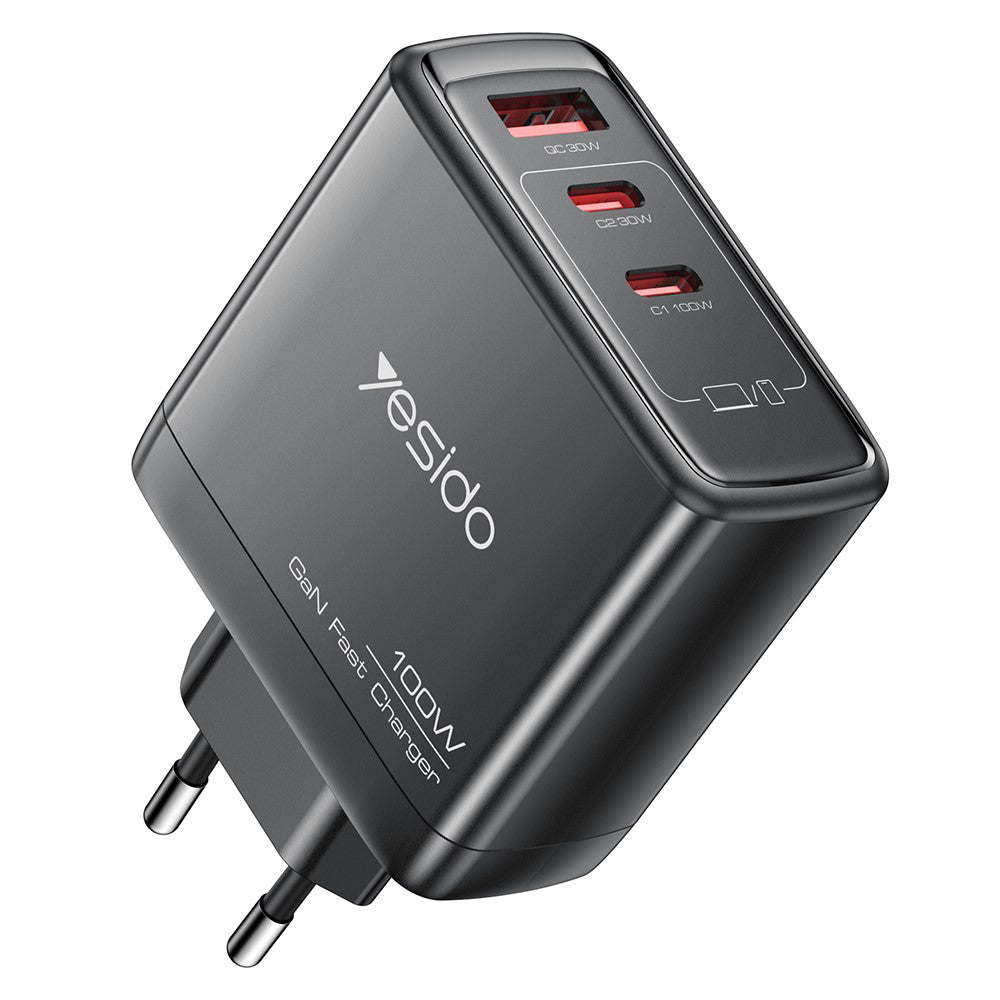 Yesido YC142 Network Charger, 100W, 5A, 1 x USB-A - 2 x USB-C, Black