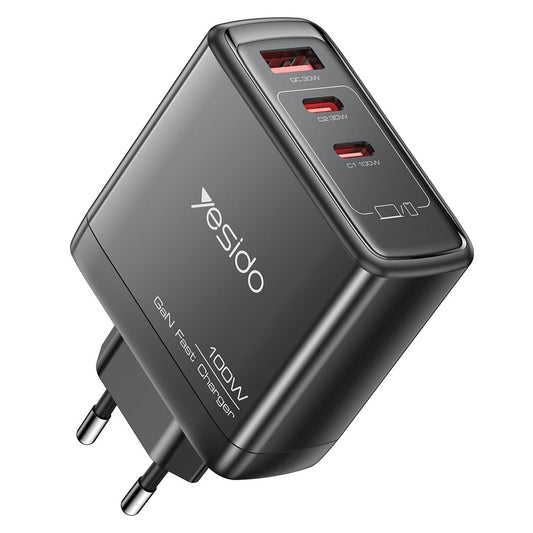 Φορτιστής Δικτύου Yesido YC142, 100W, 5A, 1 x USB-A - 2 x USB-C, Μαύρο