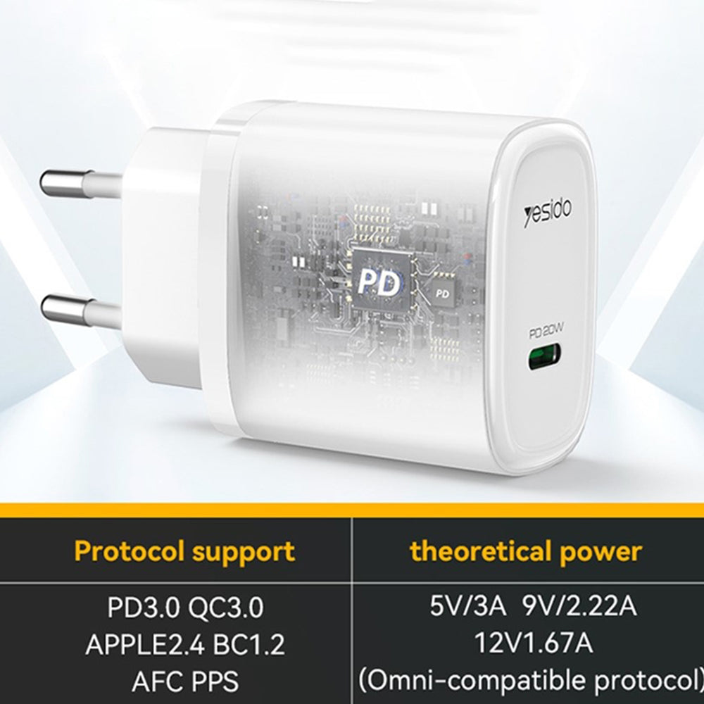 Yesido YC57 Network Charger, 20W, 3A, 1 x USB-C, White