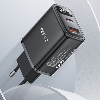 Φορτιστής Δικτύου Yesido YC68, Οθόνη 20W, 3A, 1 x USB-A - 1 x USB-C, Μαύρο