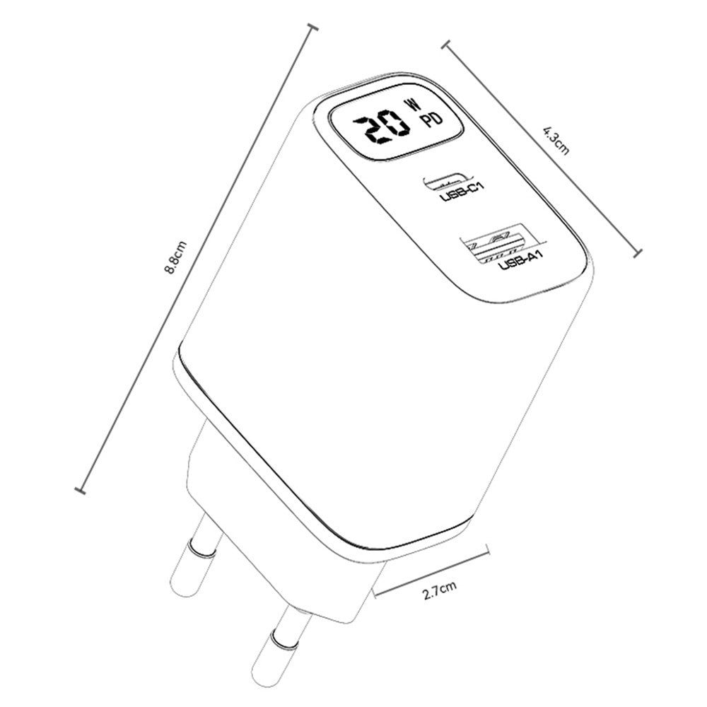 Φορτιστής Δικτύου Yesido YC68, Οθόνη 20W, 3A, 1 x USB-A - 1 x USB-C, Μαύρο