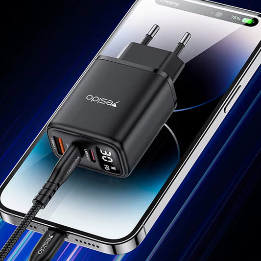 Φορτιστής Δικτύου Yesido YC69 Display, 30W, 3A, 1 x USB-A - 2 x USB-C, Μαύρο
