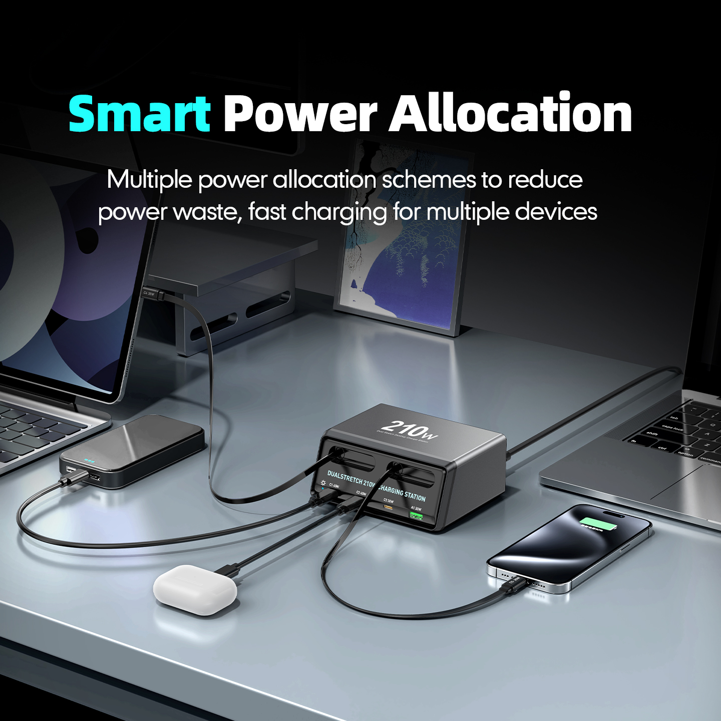 Φορτιστής Σταθμός με Καλώδιο USB-C OEM WLX-60E, 210W, 3A, 1 x USB-A - 3 x USB-C, Γκρι