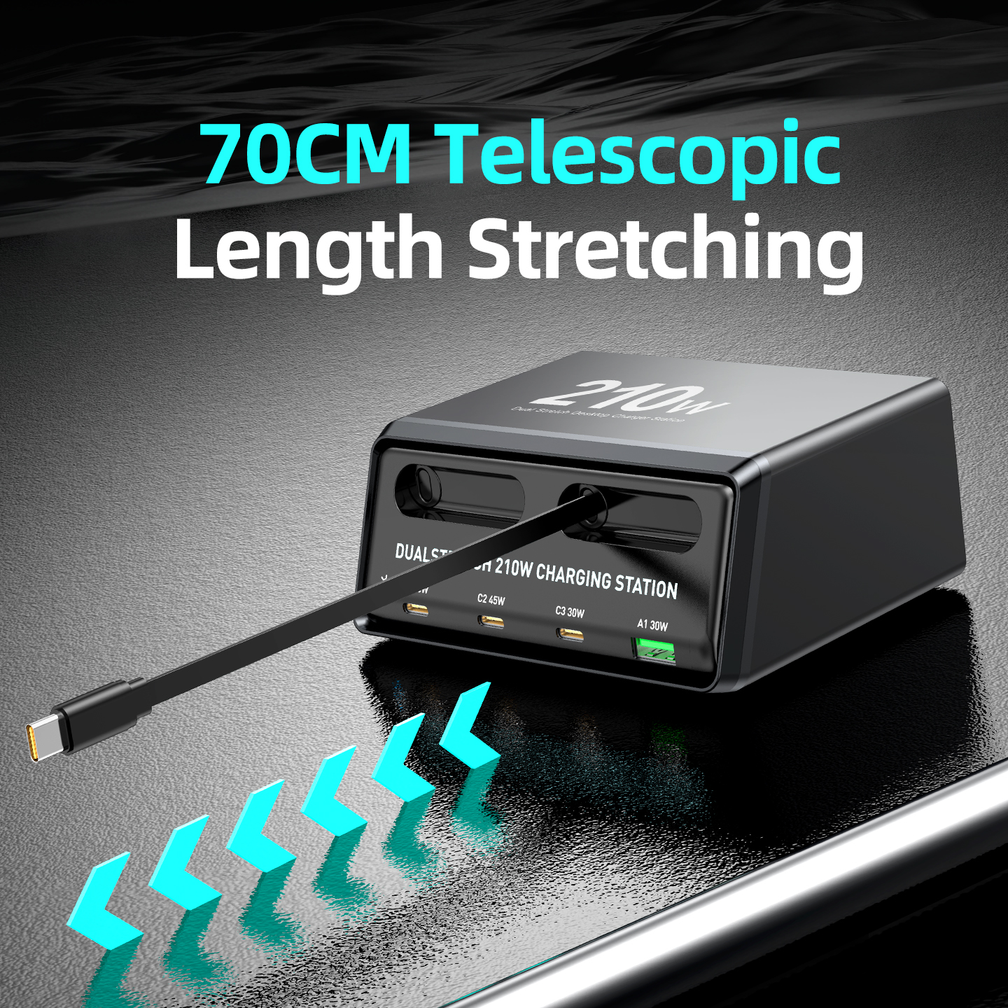 Φορτιστής Σταθμός με Καλώδιο USB-C OEM WLX-60E, 210W, 3A, 1 x USB-A - 3 x USB-C, Γκρι