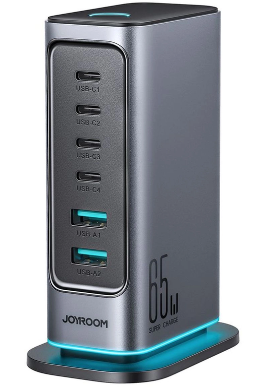 Φορτιστής Σταθμός Joyroom JR-TCM02 UK, 65W, 3.25A, 2 x USB-A - 4 x USB-C, Γκρι