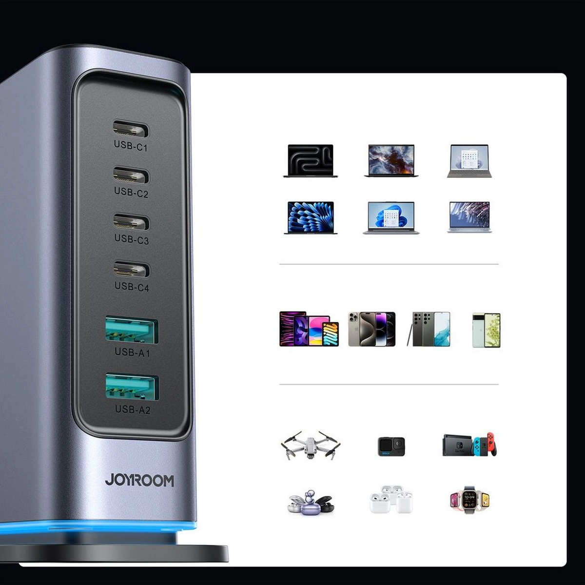 Joyroom JR-TCM02 UK Station Charger, 65W, 3.25A, 2 x USB-A - 4 x USB-C, Gray