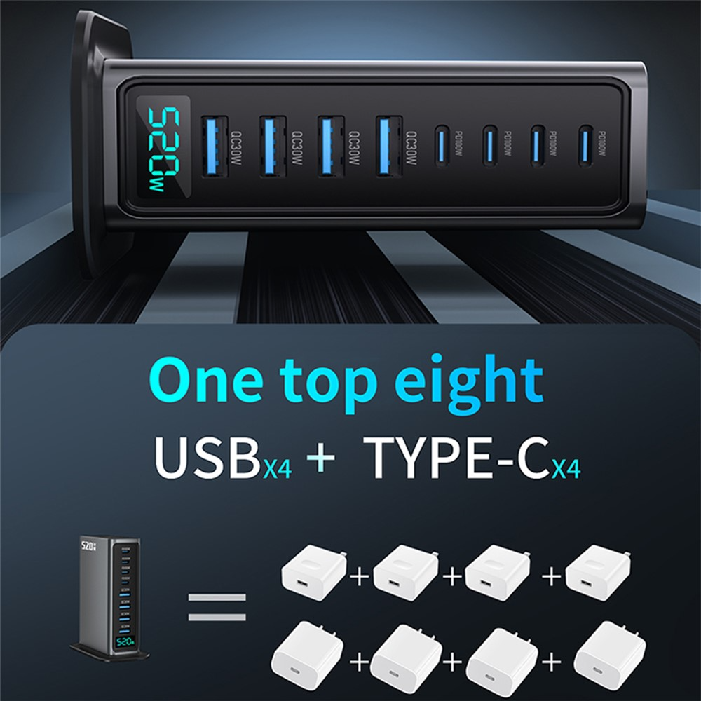 Φορτιστής Σταθμού OEM, 520W, 5A, 4 x USB-A - 4 x USB-C, Γκρι
