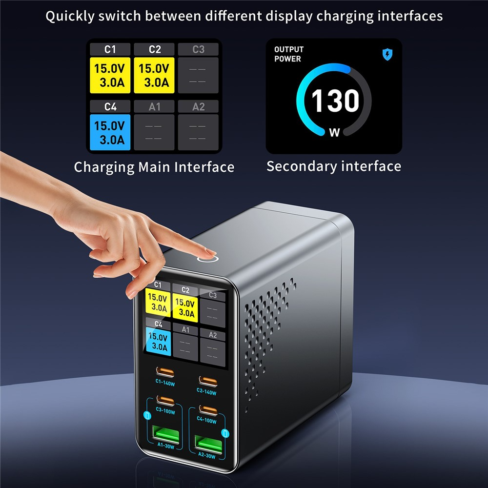Φορτιστής Σταθμού OEM WLX-G3, 140W, 5A, 2 x USB-A - 4 x USB-C, Γκρι