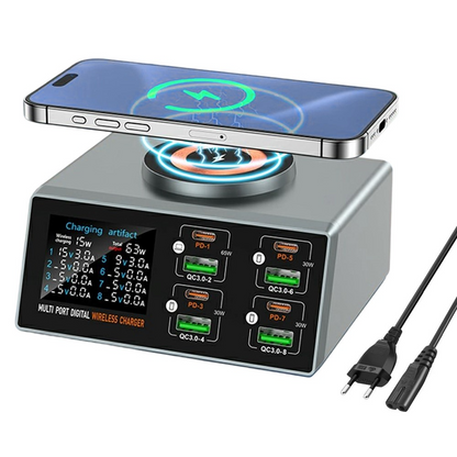 Φορτιστής Σταθμός OEM WLX-X9S QI, 140W, 3A, 4 x USB-A - 4 x USB-C, Ασημί