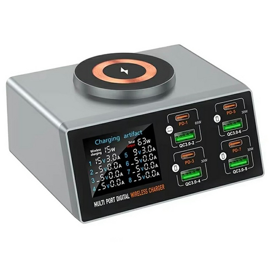 Φορτιστής Σταθμός OEM WLX-X9S QI, 140W, 3A, 4 x USB-A - 4 x USB-C, Ασημί