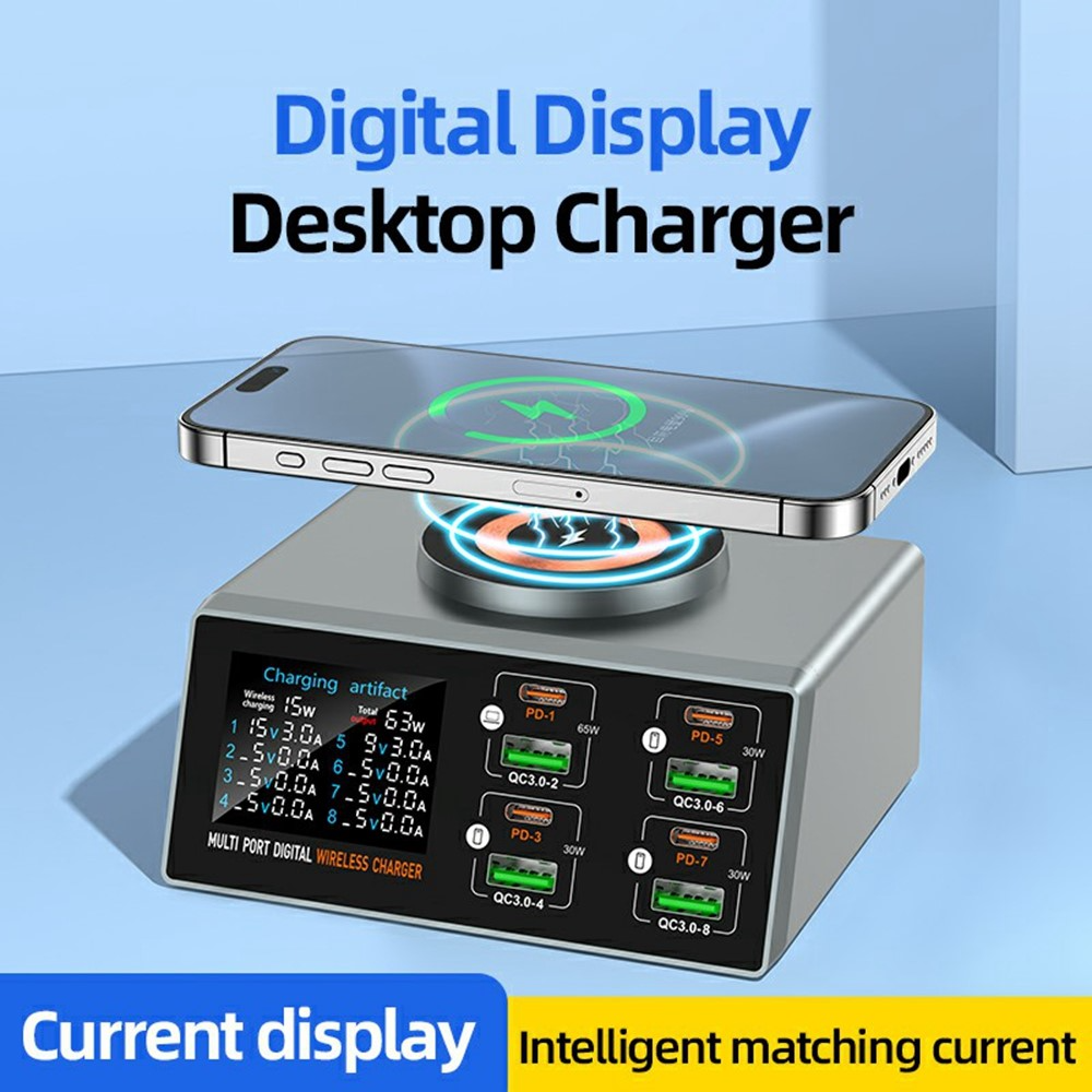 Φορτιστής Σταθμός OEM WLX-X9S QI, 140W, 3A, 4 x USB-A - 4 x USB-C, Ασημί