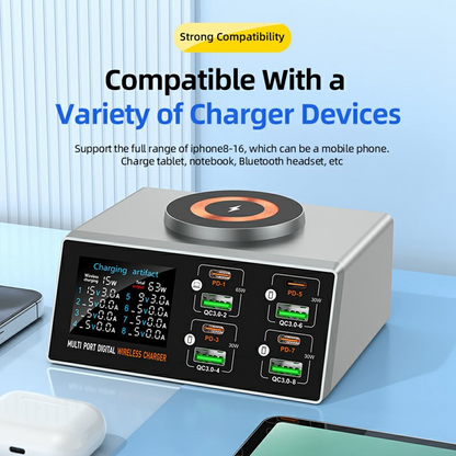 Φορτιστής Σταθμός OEM WLX-X9S QI, 140W, 3A, 4 x USB-A - 4 x USB-C, Ασημί