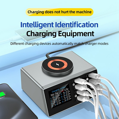 Φορτιστής Σταθμός OEM WLX-X9S QI, 140W, 3A, 4 x USB-A - 4 x USB-C, Ασημί