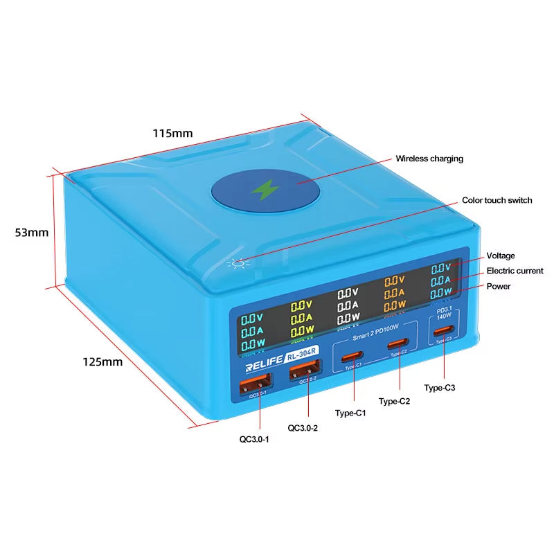Φορτιστής Σταθμός Relife RL-304R QI, 260W, 3A, 2 x USB-A - 3 x USB-C, Μπλε