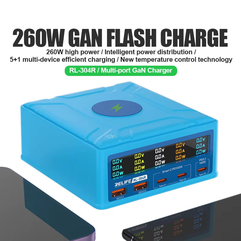 Φορτιστής Σταθμός Relife RL-304R QI, 260W, 3A, 2 x USB-A - 3 x USB-C, Μπλε