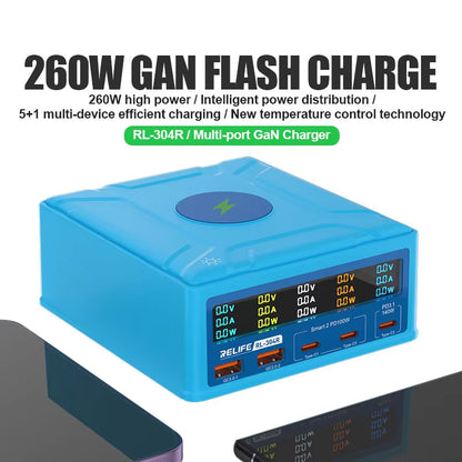 Φορτιστής Σταθμός Relife RL-304R QI, 260W, 3A, 2 x USB-A - 3 x USB-C, Μπλε