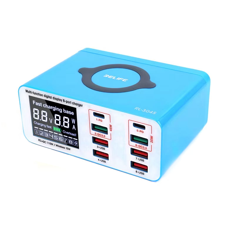 Relife RL-304S QI Charging Station, 110W, 3A, 2 x USB-C - 6 x USB-A, Blue