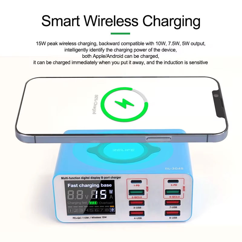 Relife RL-304S QI Charging Station, 110W, 3A, 2 x USB-C - 6 x USB-A, Blue