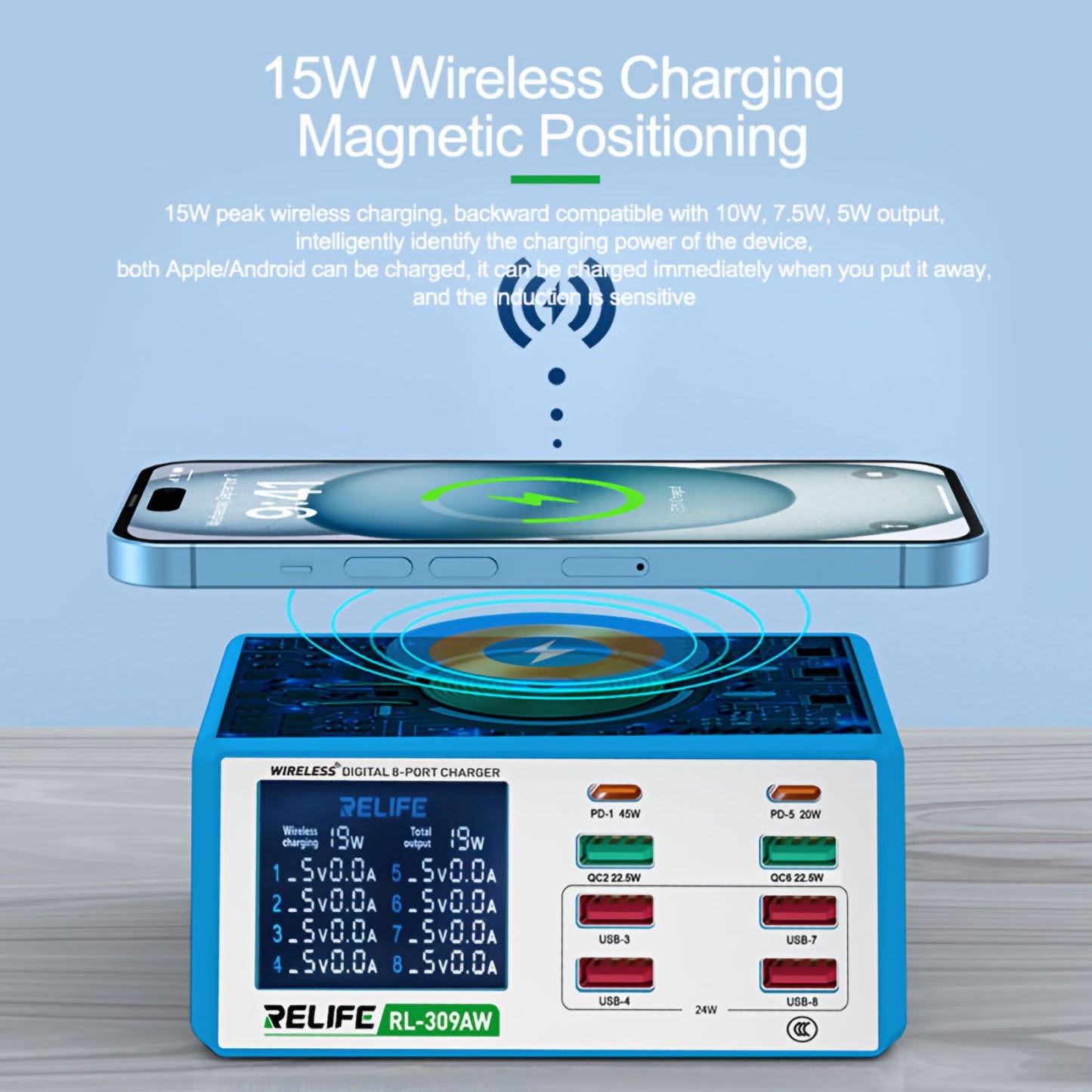 Relife RL-309AW Charging Station, 100W, 5A, 2 x USB-C - 6 x USB-A, Blue