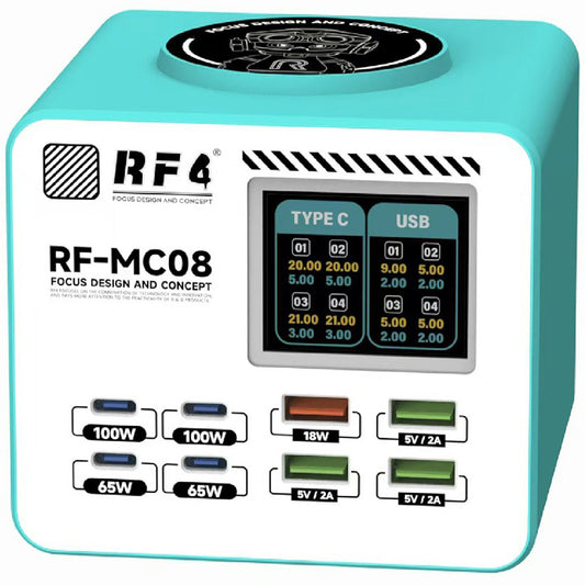 Φορτιστής Σταθμού RF4 RF-MC08, 150W, 5A, 4 x USB-A - 4 x USB-C, Τυρκουάζ